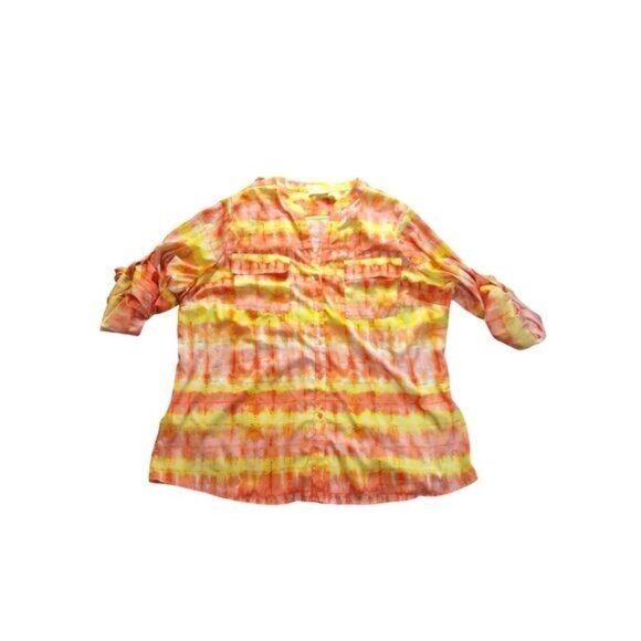 Calvin Klein Women Blouse 2X Orange Yellow Striped Tie-Die Vibrant Beachy 90s - Picture 1 of 7